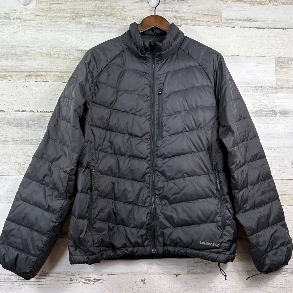 Lands'‎ End Puffer Jacket Mens L Black Quilted Down Insulated Winter Gorpcore